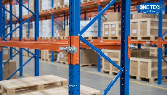 Chi tiết beam, giằng và bulong liên kết của kệ pallet double deep