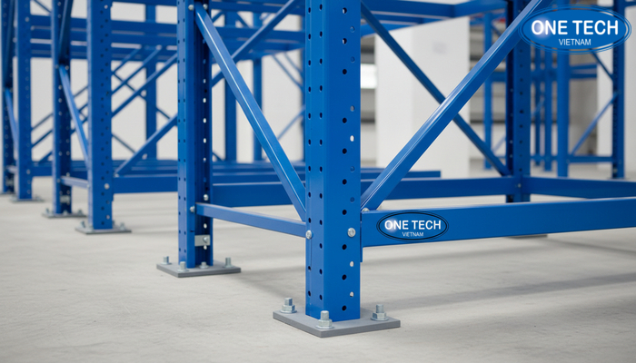 Chi tiết cấu tạo kệ pallet gồm khung trụ, beam, giằng và phụ kiện