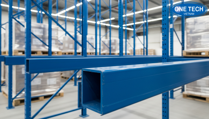 Cận cảnh ray dẫn pallet trong hệ thống kệ pallet drive-in