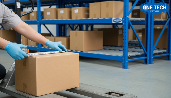 Đo thùng carton khi thiết kế kệ con lăn Đo kích thước thùng carton để xác định bề rộng lane và khoảng hở dẫn hướng