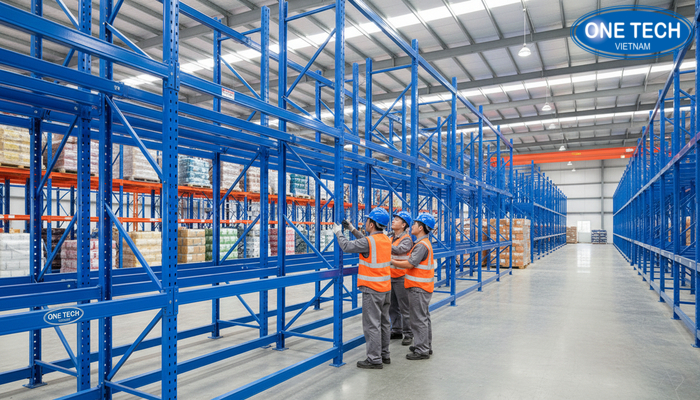 Đội ngũ kỹ thuật lắp đặt kệ double deep tại công trình