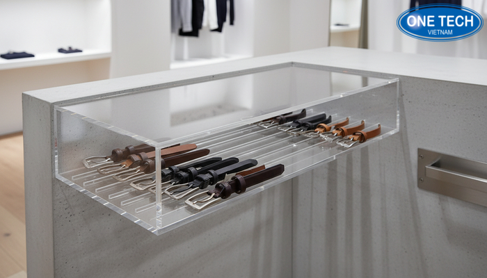 Gia công kệ mica trong suốt trưng bày thắt lưng Mẫu kệ mica gia công theo yêu cầu phù hợp kích thước quầy và số lượng thắt lưng