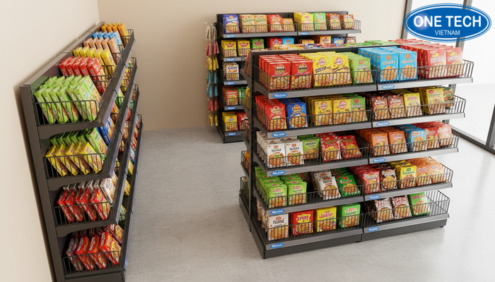 Gợi ý bố trí kệ rổ mì theo mặt bằng cửa hàng nhỏ và siêu thị mini