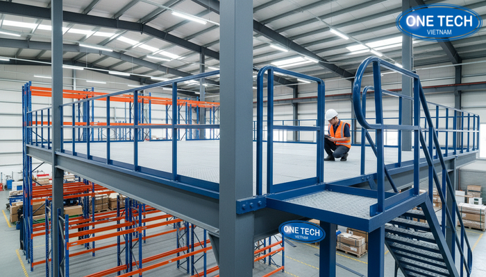 Hình ảnh nghiệm thu mặt sàn, lan can, cầu thang và điểm liên kết của kệ kho tầng lửng