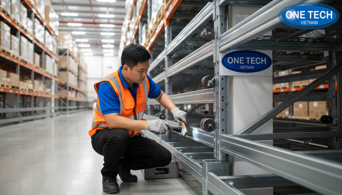 Hình minh họa kiểm tra và bảo trì ray trượt kệ Push Back định kỳ