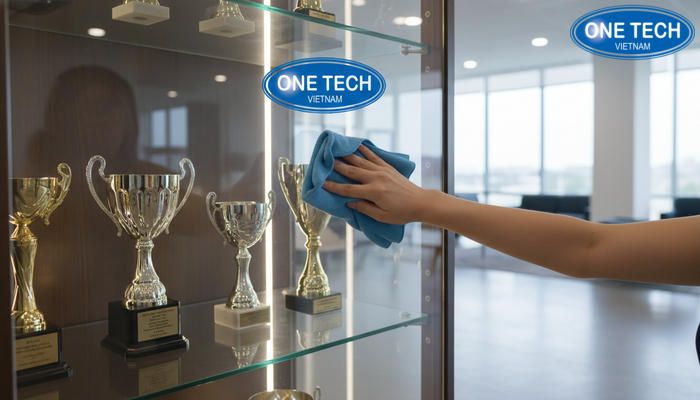 Cách vệ sinh kính tủ trưng bày cúp bằng khăn mềm