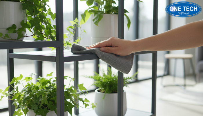 Cách vệ sinh kệ trưng bày cây cảnh Hướng dẫn vệ sinh kệ trưng bày cây cảnh bằng khăn mềm