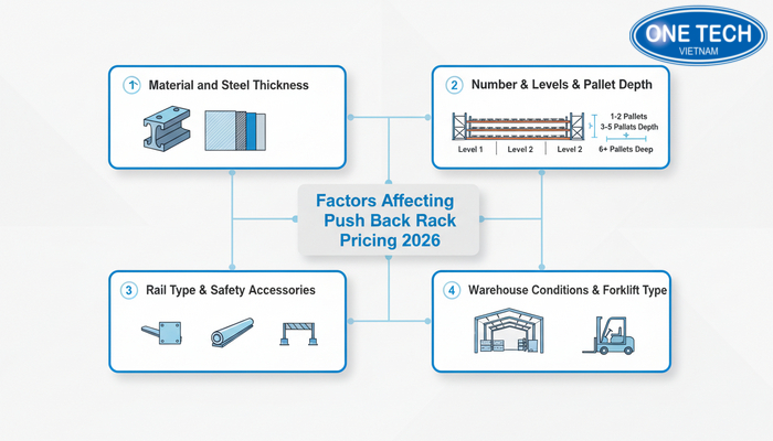 Infographic minh họa các yếu tố ảnh hưởng bảng giá kệ Push Back năm 2026