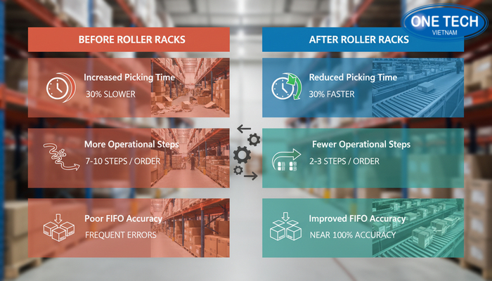 So sánh hiệu quả khi dùng kệ con lăn Infographic so sánh trước và sau khi dùng kệ con lăn về thời gian lấy hàng, số bước thao tác và độ chính xác FIFO