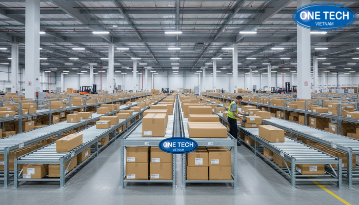 Kệ con lăn trong kho phân phối tại Lâm Đồng Kệ con lăn lắp đặt trong kho trung tâm phân phối, có nhiều lane cho thùng carton