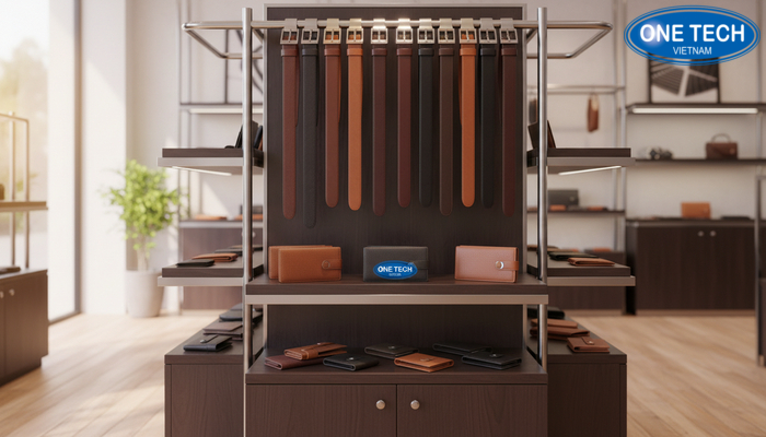 Kệ trưng bày thắt lưng đa năng Kệ trưng bày đa năng tích hợp thắt lưng và ví da trong cửa hàng phụ kiện