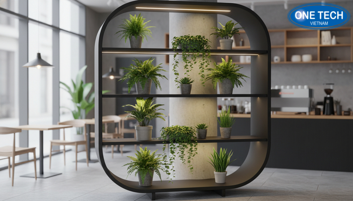 Kệ trưng bày cây cảnh tích hợp đèn LED Kệ đa tầng tích hợp đèn LED trang trí cho quán cafe nhiều cây