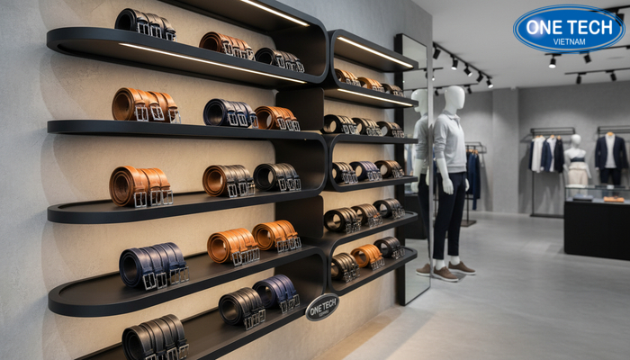 Thiết kế kệ trưng bày thắt lưng đẹp theo yêu cầu Kệ trưng bày thắt lưng gia công riêng theo mặt bằng và concept cửa hàng