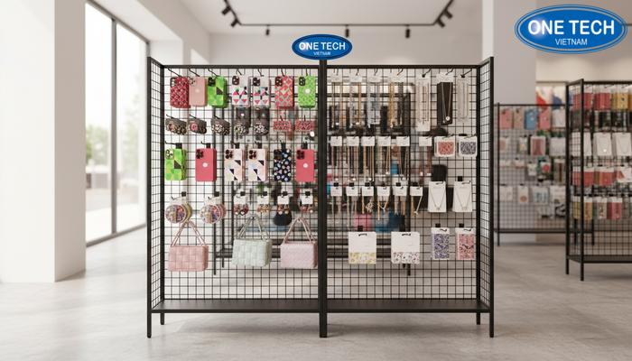 Mẫu kệ khung lưới treo phụ kiện linh hoạt gắn móc theo mắt lưới