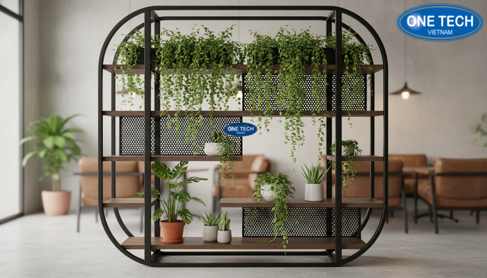 Kệ trưng bày cây cảnh kết hợp giá treo Kệ khung sắt kết hợp giá treo cho cây rủ tạo điểm nhấn trang trí
