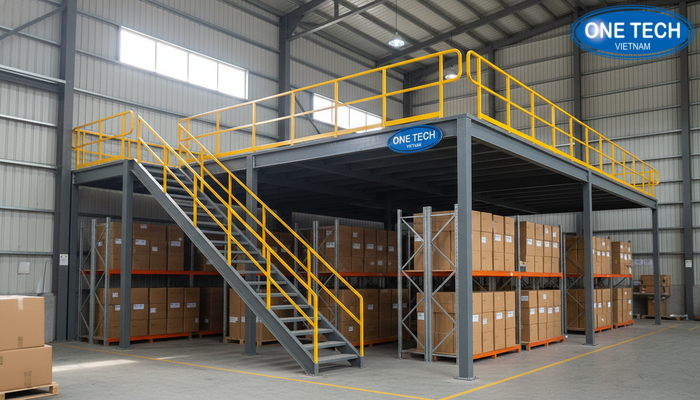 Kệ sàn Mezzanine có cầu thang và lan can an toàn trong kho hàng