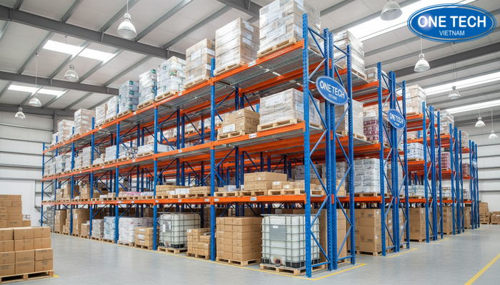 Kệ sàn Mezzanine kết hợp kệ selective bên dưới để tối ưu lưu trữ hàng pallet