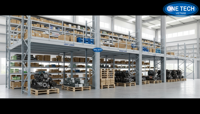 Minh họa phân nhóm tải trọng nhẹ, trung bình, nặng cho hệ thống kệ kho tầng lửng