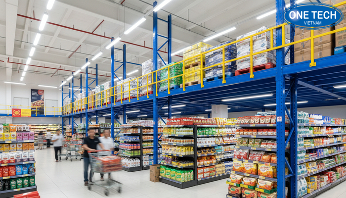 Kệ sàn Mezzanine trong siêu thị hoặc cửa hàng giúp tận dụng chiều cao làm kho dự trữ