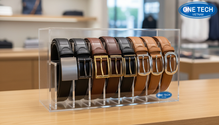 Kệ mica trong suốt trưng bày thắt lưng Kệ mica trưng bày dây nịt trong suốt, thắt lưng đứng form, dễ chọn