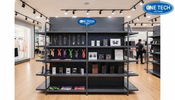 Kệ móc treo phụ kiện thép sơn tĩnh điện bền đẹp, phù hợp nhiều phong cách cửa hàng