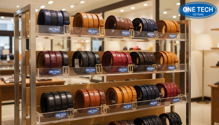 Chất liệu kệ trưng bày thắt lưng Kệ nhiều tầng với các chất liệu mica, gỗ và inox dùng trưng bày thắt lưng