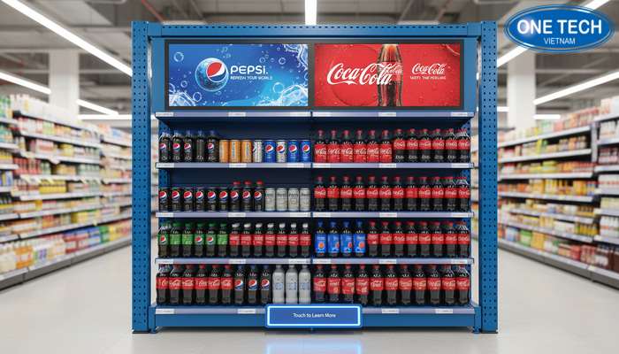 Kệ quảng cáo thông minh Pepsi, Coca Kệ quảng cáo công nghệ cao tích hợp hiển thị và tương tác