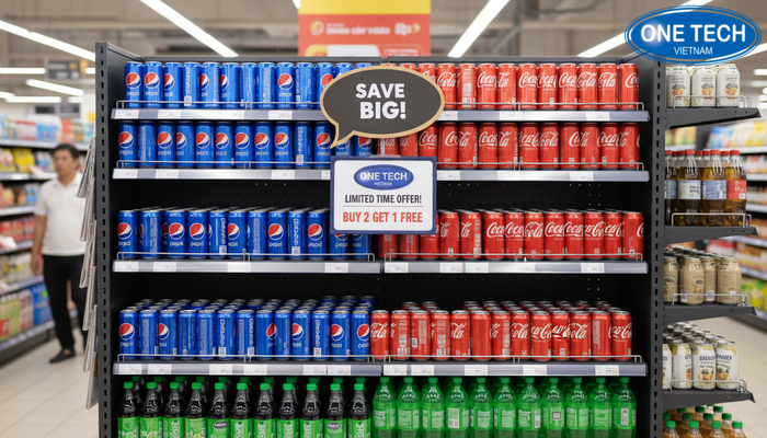 Kệ quảng cáo Pepsi, Coca kết hợp khuyến mãi Kệ quảng cáo phối hợp chương trình khuyến mãi tại điểm bán