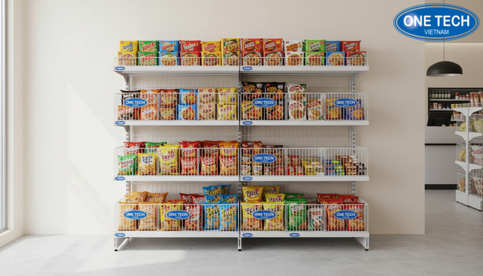 Kệ rổ mì một mặt đặt sát tường tiết kiệm diện tích