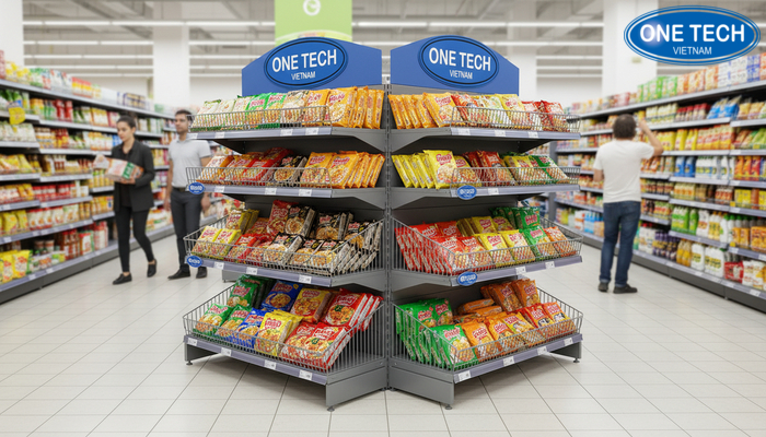 Kệ rổ mì hai mặt đặt giữa lối đi cho khách chọn từ nhiều phía