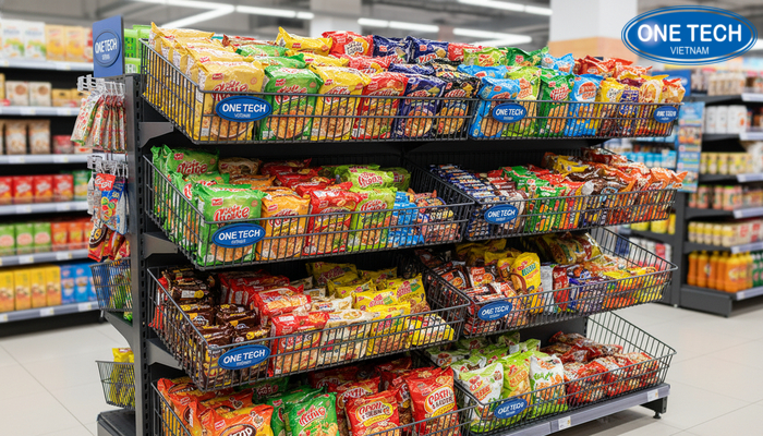 Kệ rổ mì OneTech trưng bày mì tôm bánh kẹo và snack