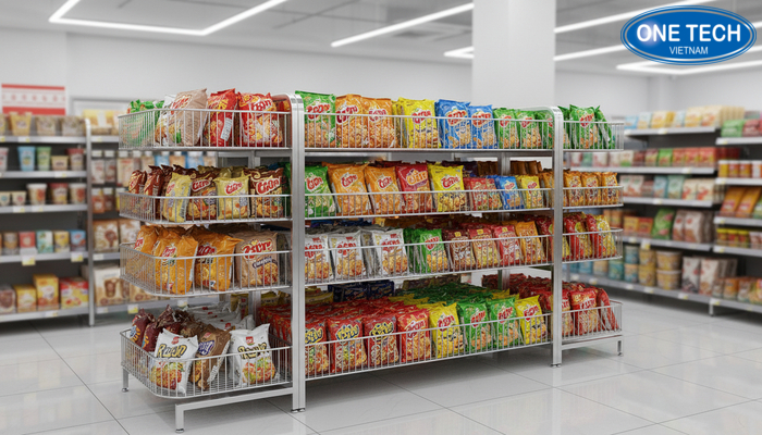 Mẫu kệ rổ mì trưng bày mì tôm và bánh kẹo trong cửa hàng