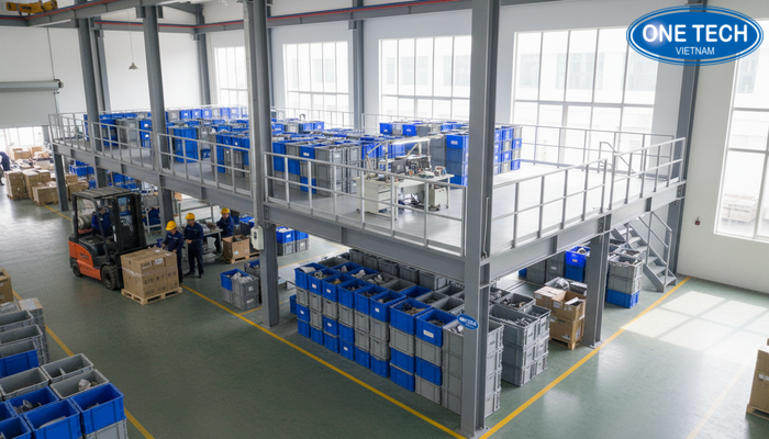 Kệ nâng sàn lưu trữ trong nhà máy dùng làm khu vật tư và bàn thao tác nhẹ trên tầng lửng