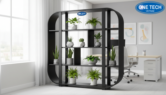 Kệ trưng bày cây cảnh cho văn phòng Kệ sắt sơn tĩnh điện màu đen trưng bày cây xanh trong văn phòng