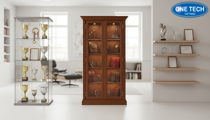 So sánh tủ kính, kệ gỗ và kệ treo tường dùng làm kệ trưng bày cúp