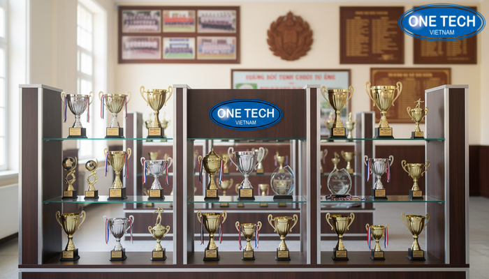 Ví dụ kệ trưng bày cúp tại trường học hoặc phòng truyền thống