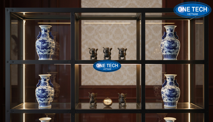 Kệ trưng bày đồ cổ kèm đèn LED giúp nổi bật chi tiết hoa văn