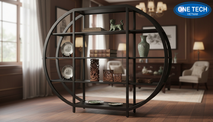 Kệ trưng bày đồ cổ trong không gian sống sang trọng tại Lâm Đồng