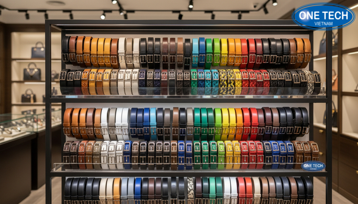 Kệ trưng bày thắt lưng gọn đẹp cho cửa hàng Kệ trưng bày thắt lưng sắp xếp theo màu và kiểu khóa trong cửa hàng