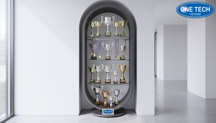 Mẫu kệ xoay trưng bày cúp linh hoạt cho không gian hẹp