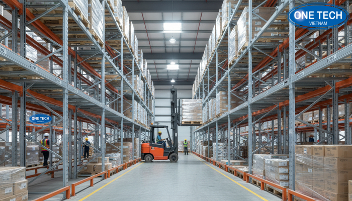 Kho hàng vận hành kệ double deep với xe nâng reach truck
