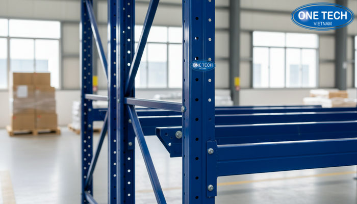 Khung thép sơn tĩnh điện kệ con lăn Khung thép sơn tĩnh điện của kệ con lăn, thể hiện các cột trụ và thanh beam chịu lực