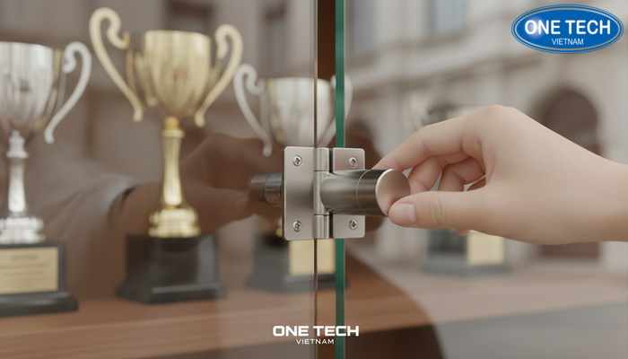 Kiểm tra khóa cửa và bản lề trên tủ kính trưng bày cúp