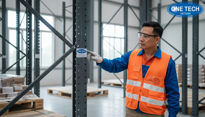 Kiểm tra biển tải trọng và cảnh báo an toàn trên kệ double deep