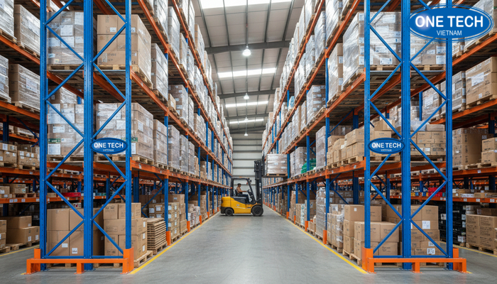 Minh họa layout kho tối ưu khi dùng kệ double deep để giảm lối đi