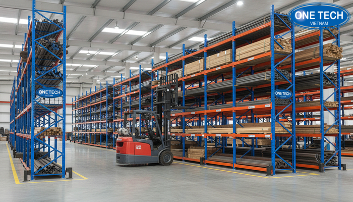 Diện tích phù hợp khi lắp kệ tay đỡ Minh họa diện tích lắp đặt và lối đi xe nâng cho kệ tay đỡ