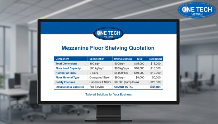 Mẫu bảng báo giá kệ sàn Mezzanine tham khảo theo kích thước và tải trọng