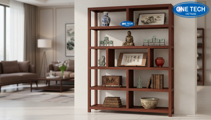 Mẫu kệ gỗ tự nhiên trưng bày đồ cổ cho nhà phố và biệt thự