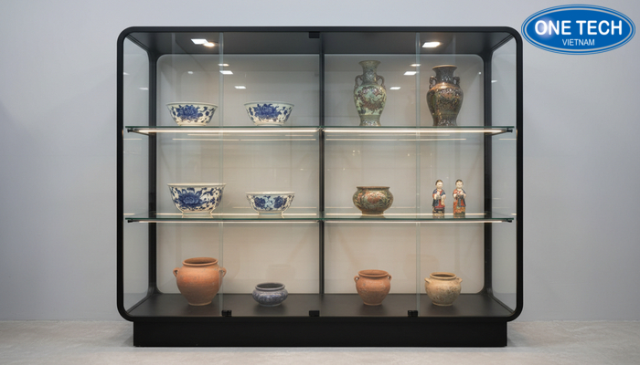 Mẫu tủ trưng bày đồ gốm sứ hiện đại dạng kính hạn chế bụi
