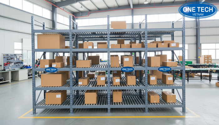 Thông số kỹ thuật kệ con lăn Minh họa vị trí thể hiện thông số kỹ thuật như chiều cao, số tầng, chiều rộng lane, độ dốc kệ con lăn